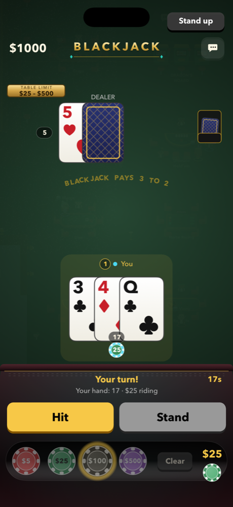 A hand of blackjack on iPhone in Casino Floor Live!, showing the dealer's cards, a player hand of 17 and a $25 chip riding.
