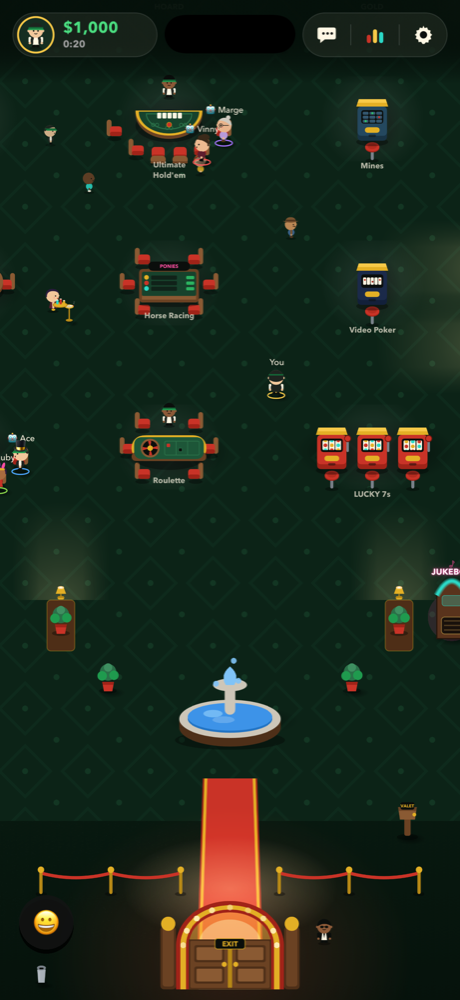 The Casino Floor Live! casino floor on iPhone, with blackjack, roulette and slot machines and other players walking between them.