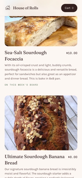 The same House of Rolls storefront on a phone, showing the week's menu with product photos, descriptions and prices.