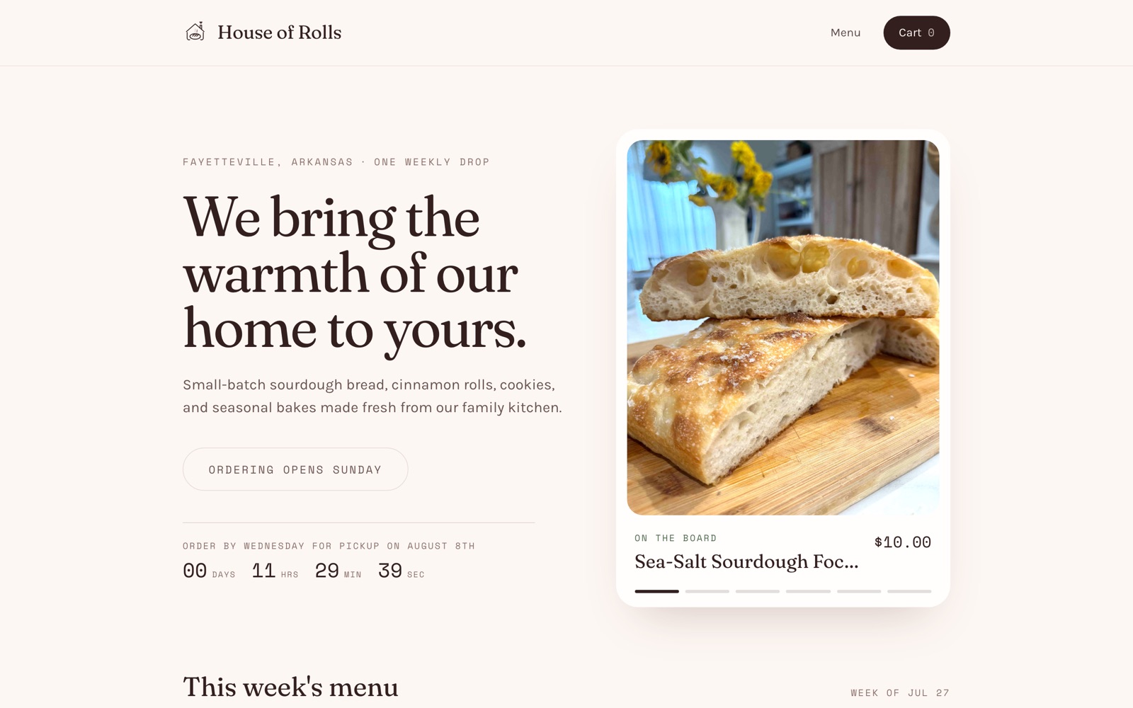 The House of Rolls storefront on desktop: a warm cream page reading 'We bring the warmth of our home to yours', a countdown to the weekly order deadline, and a photo of sea-salt sourdough focaccia priced at $10.
