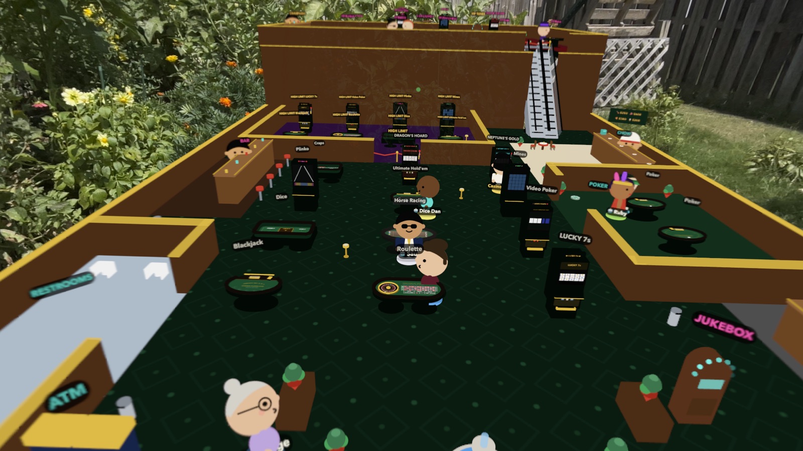 The Casino Floor Live! casino floor rendered as a miniature diorama sitting in a real backyard, seen through Apple Vision Pro passthrough — tables, slot machines and other players are visible in the grass.