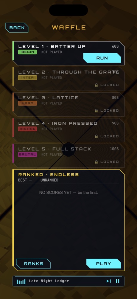 The Waffle stage select in Wormhole or Die: five levels from Batter Up to Full Stack, plus a ranked endless mode with leaderboards.