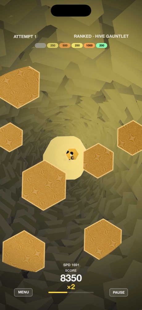 A ranked run in Wormhole or Die: flying down a golden honeycomb tunnel, threading gaps between hexagonal walls with a score multiplier climbing.